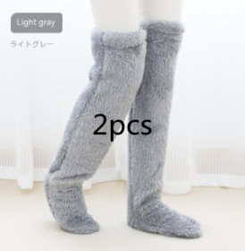 Over Knee High Fuzzy Long Socks Winter Warm Cold Leg Knee Joint Cold-proof Stockings Home Floor Sleeping Socks (Option: Silver Gray2pcs-Average Size)