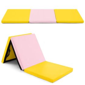 Portable Tri-Fold Gym Mat with Handles for Yoga (Color: Yellow & Pink, Type: Gymnastics Mat)